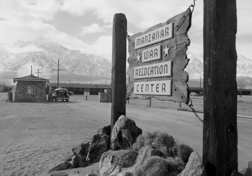 Manzanar sign, photo by Ansel Adams