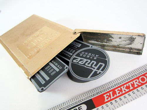 Three Steps Ahead letterpress business cards in vintage German cigar box.