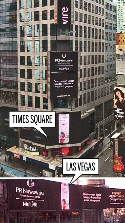 Three Steps Ahead's Republican Voters infographic in Times Square and Las Vegas, courtesy PR Newswire